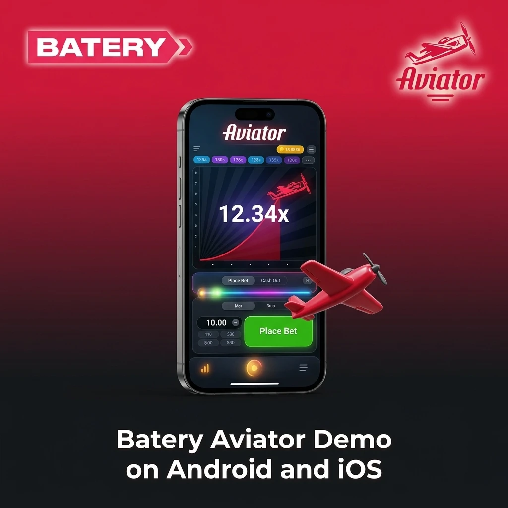 Batery Aviator demo on Android and iOS app with betting controls, statistics, and auto cashout features